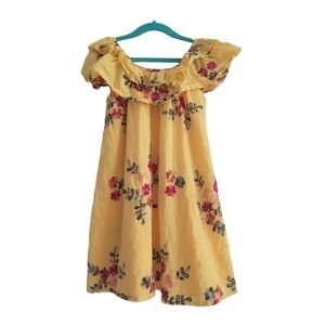 Girls Yellow Embroidered Floral Off Shoulder Ruffle Mini Dress